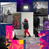a collage of photos with a man on a stage
